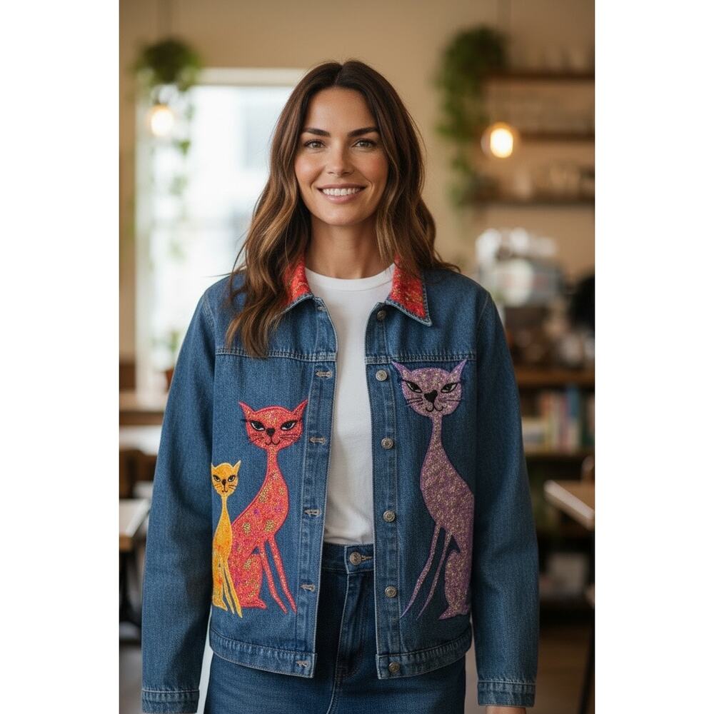 VTG NWT Tantrums womens cat embroidered denim button up jacket size M